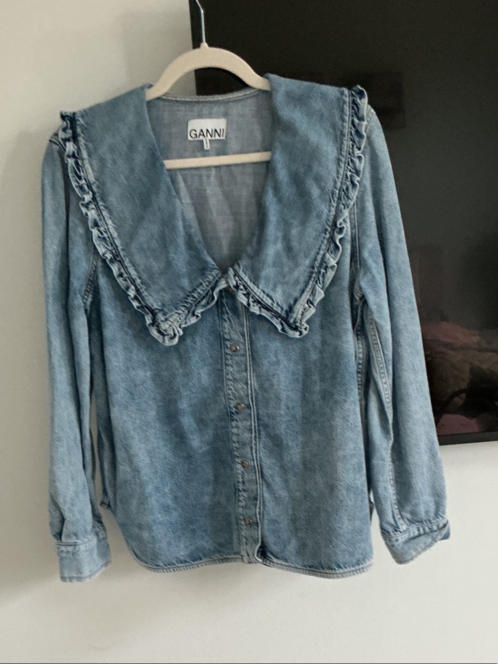 Ganni Light Blue Denim Button-Down Top with Ruffle Collar